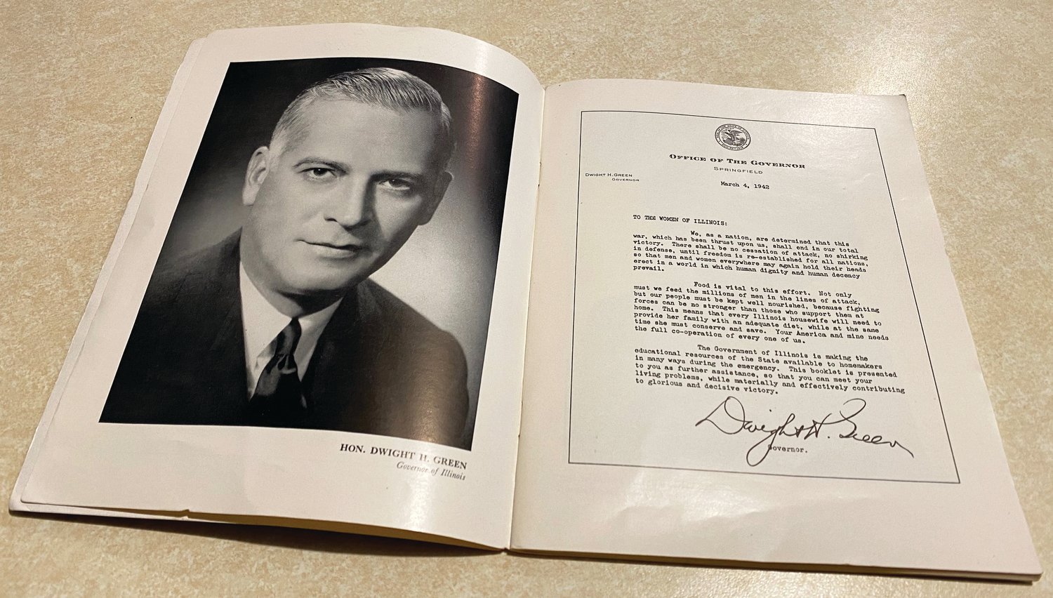 Gov. Dwight Green led Illinois during the World War II years and part of that effort was a state publication, “Home Budgets for Victory,” encouraging Illinois women to be frugal in managing home and cooking and stretch every resource as far as possible.