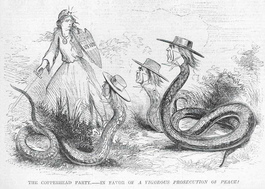 Copperheads, although they did not always start trouble, earned the name because people thought of them like snakes in the grass waiting to strike as shown here in a Harper’s Weekly political cartoon.
