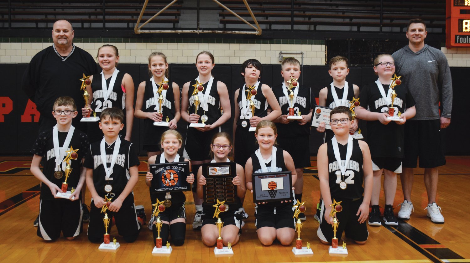 The 2022-23 Junior League champions pose for photos after defeating the Tigers. From left to right, front row, Brantley Bridgewater, Hudson Jewell, Tess Barrett, Lexie Sallee, Lanie Sallee and Hudson Gilbert. Back row, Coach JK Vilk, Layke Sandstrom, Sloan Vilk, Hellie Barrett, Carter Gore, Kahlen Muchow, William Dennis, Brayden Douglas and Head Coach Adam Vilk. Not pictured is Zayne Cusick.