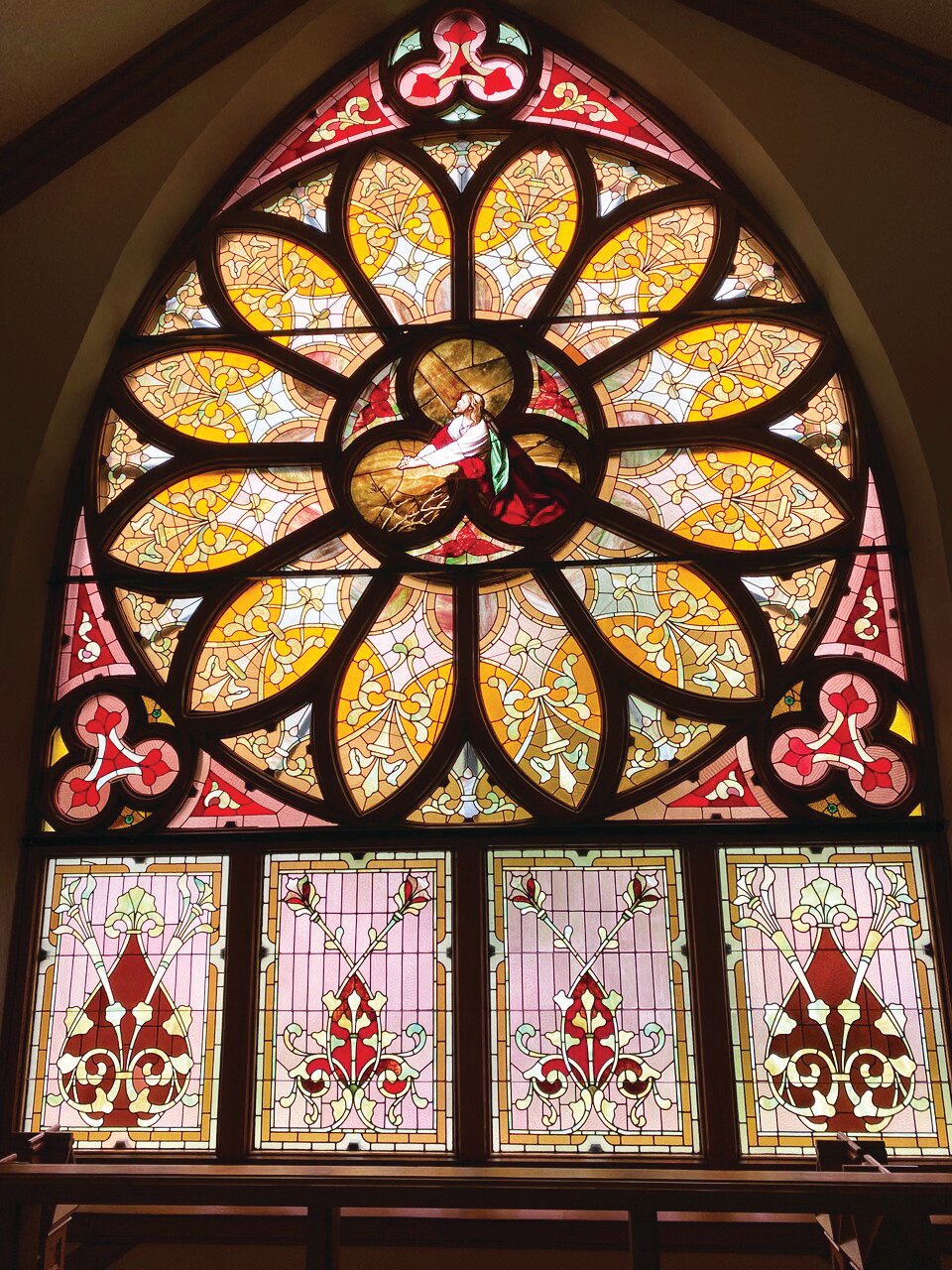 This Rose Window is original to the Methodist Church at Alexander and Court. The window was a memorial donation by the family of the late Mariah Redmon when the church was under construction in 1901. This is the third building serving the congregation, which is celebrating its bicentennial with a special service and potluck lunch May 21.