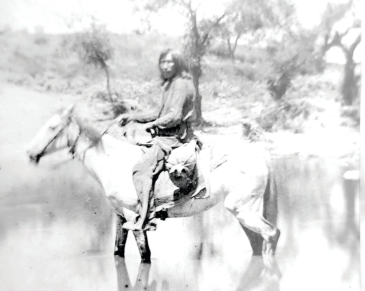 Former Paris photographer I.R. Martin was out photographing the countryside near Sugar Creek when he
captured this Native American on horseback. Lore claimed this Native American was probably one of the
last in the area.