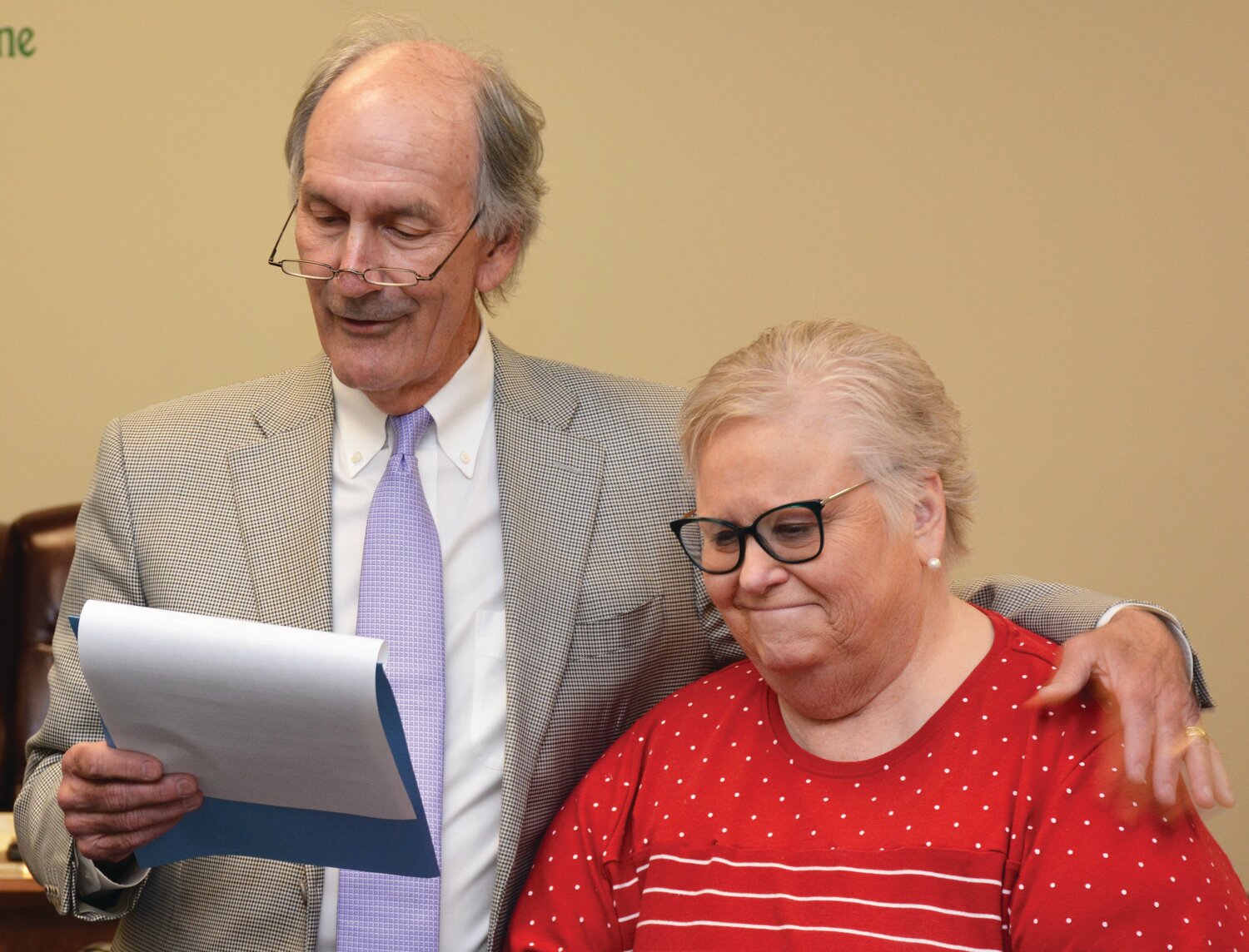 Paris Mayor Craig Smith, left, declared May 22 to May 29 as Nancy Zeman Week in Paris and encourages all citizens to express their gratitude for all she has done for the community. Zeman, right, is stepping down from her position as publisher of The Prairie Press May 31 and entering semi-retirement.