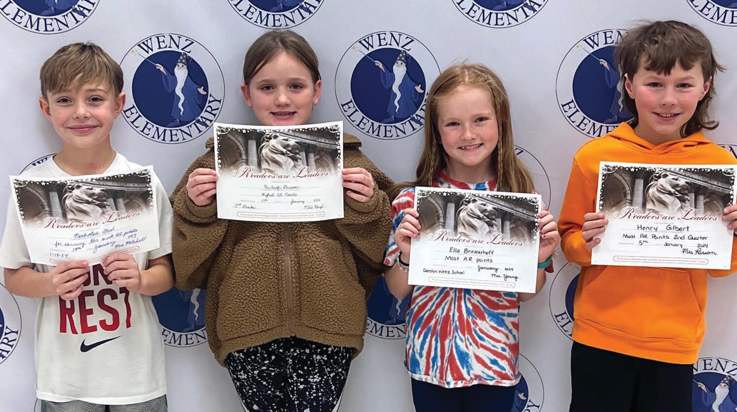 Carolyn Wenz students in fourth grade were recognized with awards for top AR points during the school’s second quarter. Students standing left to right are, Addy Craffets, Emmy Craffets, Kaydence Holloway and Emma Clark